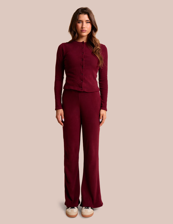 Public Desire Rib Button Through Long Sleeve Top Burgundy