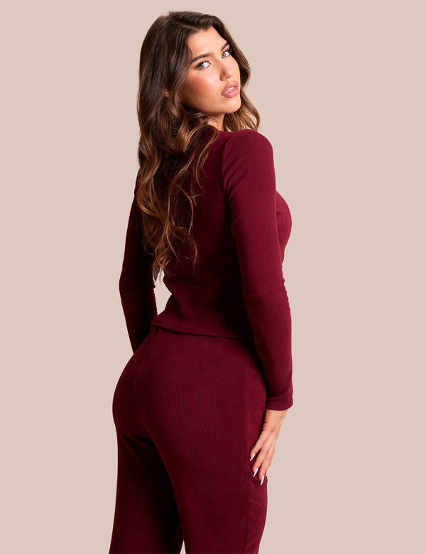 Public Desire Rib Button Through Long Sleeve Top Burgundy