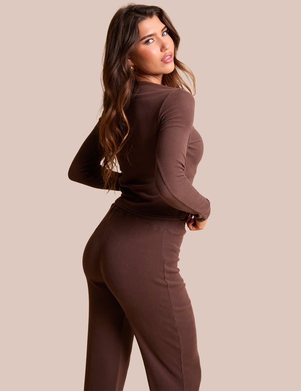 Public Desire Rib Button Through Long Sleeve Top Chocolate