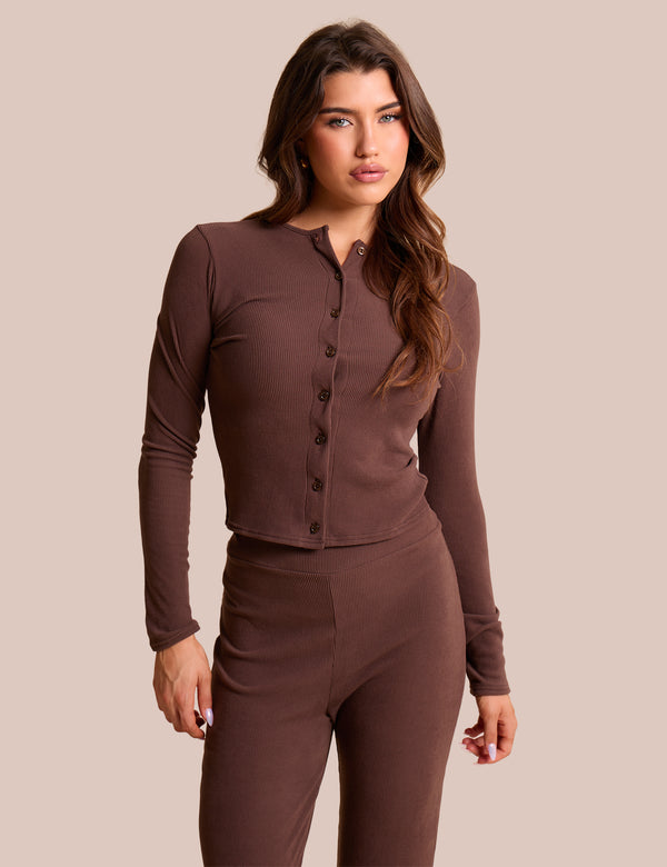public desire Rib Button Through Long Sleeve Top Chocolate