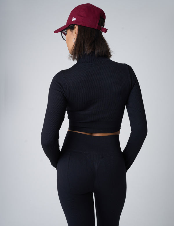 Public Desire Ribbed Cropped Zip Long Sleeve Top Black