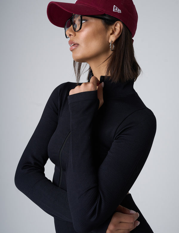 Public Desire Ribbed Cropped Zip Long Sleeve Top Black