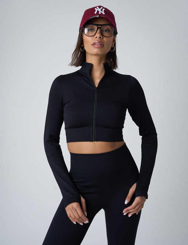 public desire Ribbed Cropped Zip Long Sleeve Top Black