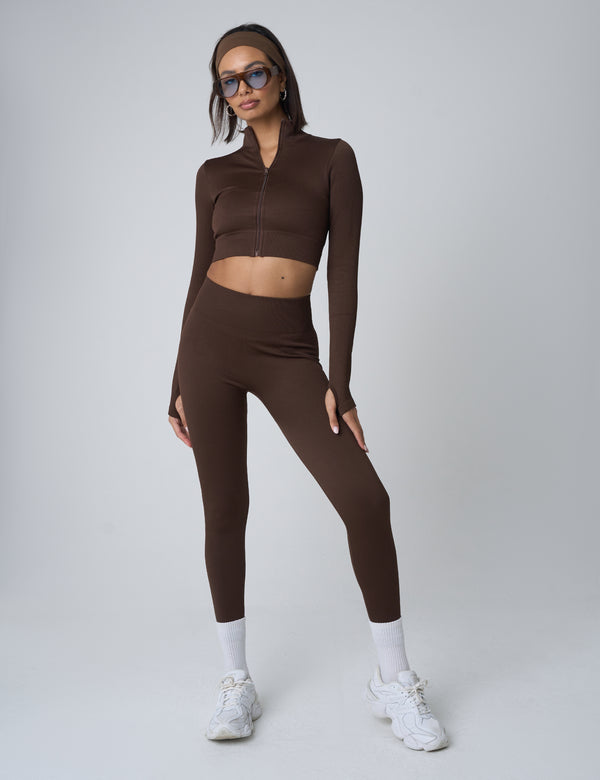 Public Desire Ribbed Cropped Zip Long Sleeve Top Chocolate