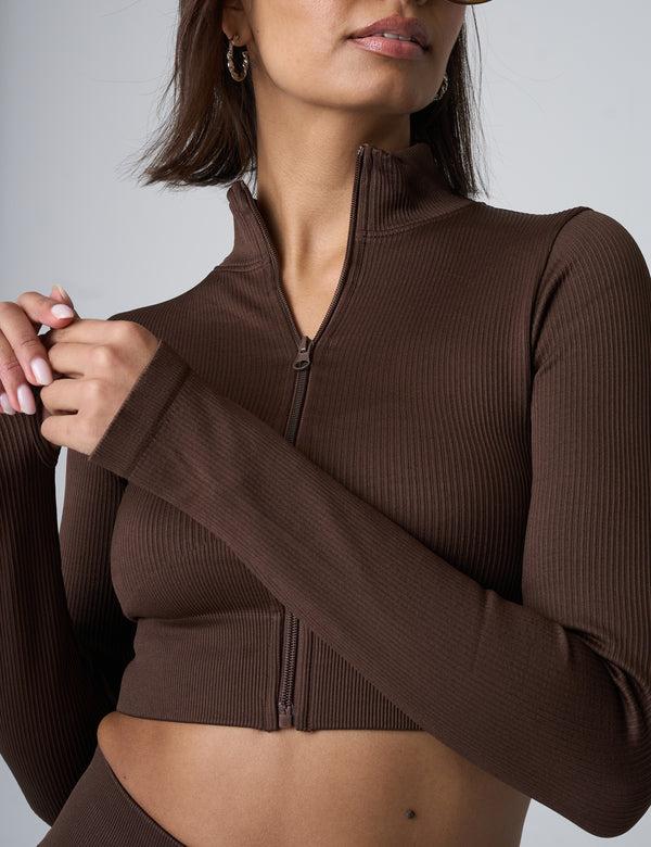 Public Desire Ribbed Cropped Zip Long Sleeve Top Chocolate