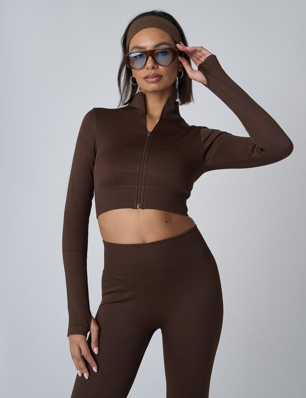 public desire Ribbed Cropped Zip Long Sleeve Top Chocolate