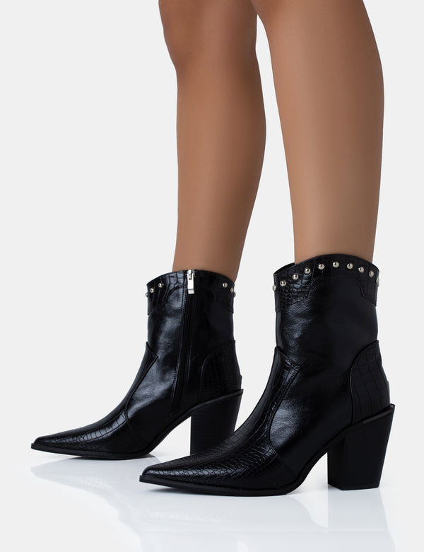 Public Desire Riley Black Croc Metal Studded Detail Western Cowboy Block Ankle Boots