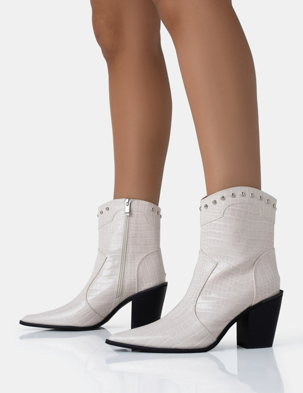 Public Desire Riley Ecru Croc Metal Studded Detail Western Cowboy Block Ankle Boots