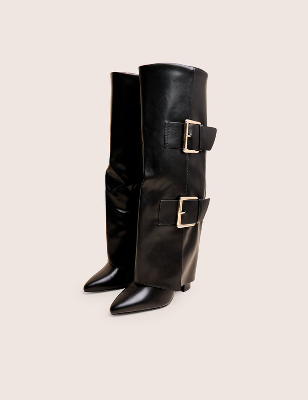 Public Desire River Black Double Buckle Detail Pu High Knee Boots