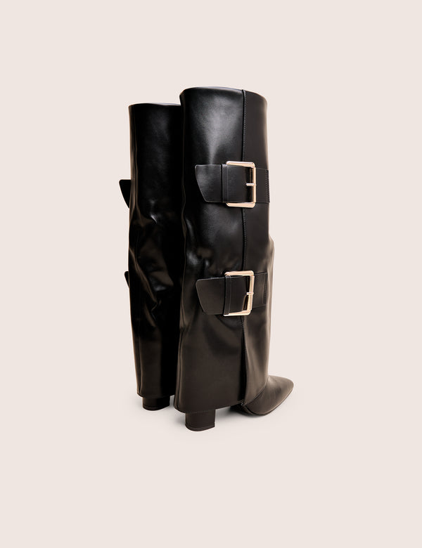 Public Desire River Black Double Buckle Detail Pu High Knee Boots