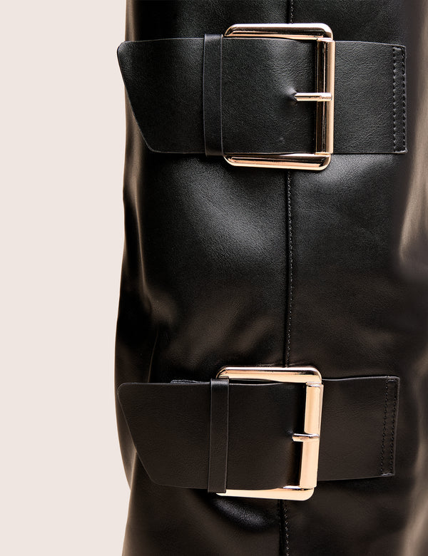 Public Desire River Black Double Buckle Detail Pu High Knee Boots