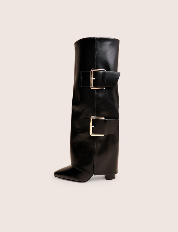 public desire River Black Double Buckle Detail Pu High Knee Boots