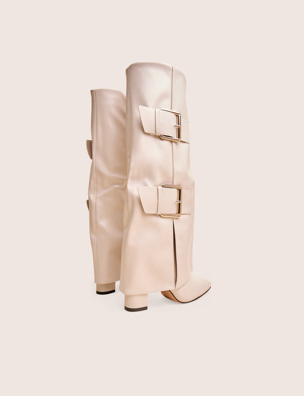 Public Desire River Ecru Double Buckle Detail Pu High Knee Boots