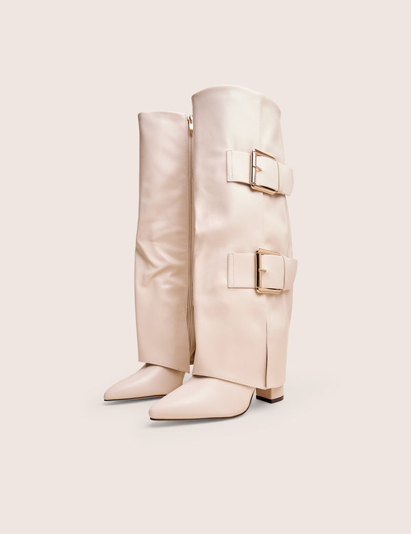 Public Desire River Ecru Double Buckle Detail Pu High Knee Boots