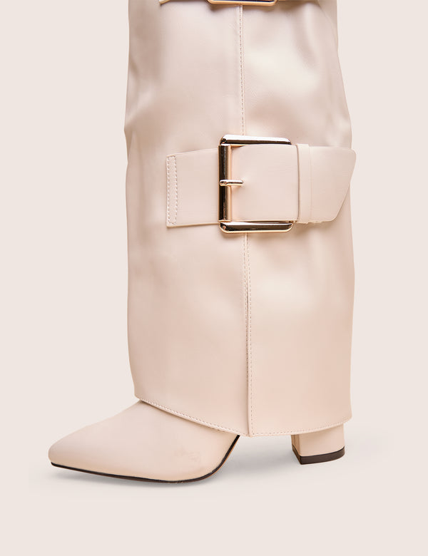 Public Desire River Ecru Double Buckle Detail Pu High Knee Boots