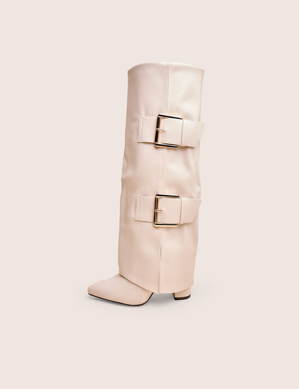 public desire River Ecru Double Buckle Detail Pu High Knee Boots