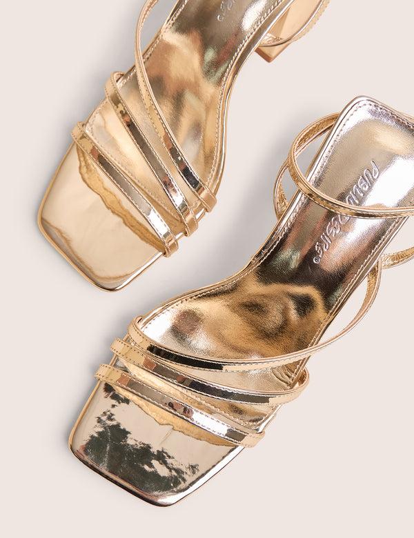 Public Desire Robin Gold Strappy Square Toe Mid Block Heels