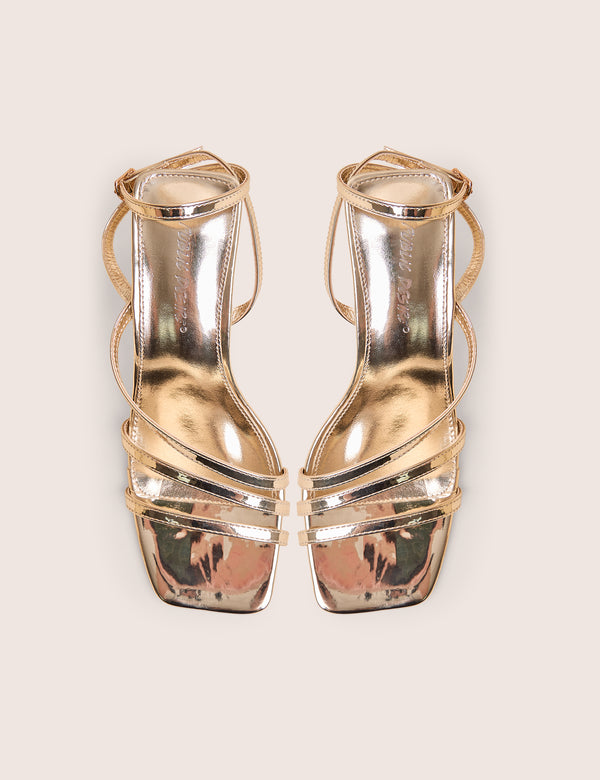 Public Desire Robin Gold Wide Fit Strappy Square Toe Mid Block Heels
