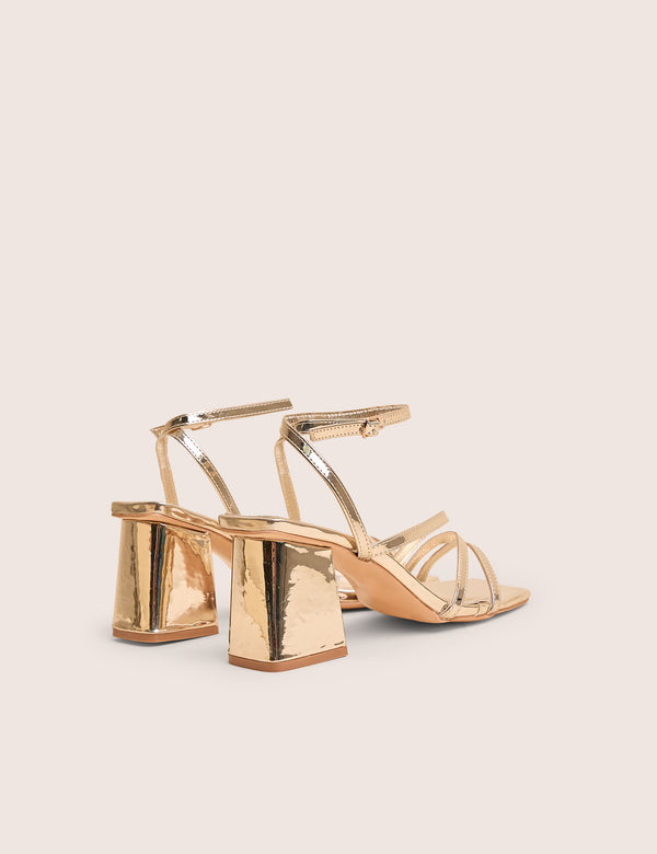 Public Desire Robin Gold Wide Fit Strappy Square Toe Mid Block Heels