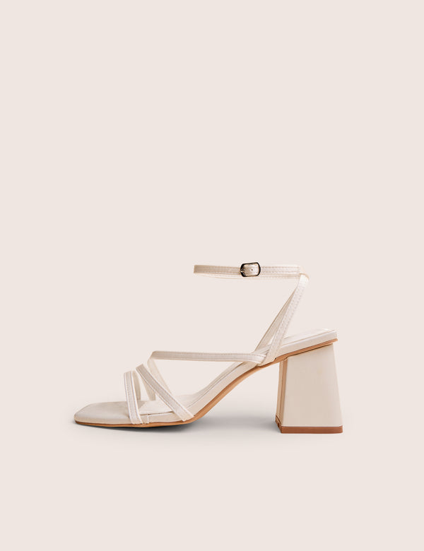 public desire Robin White Strappy Square Toe Mid Block Heels