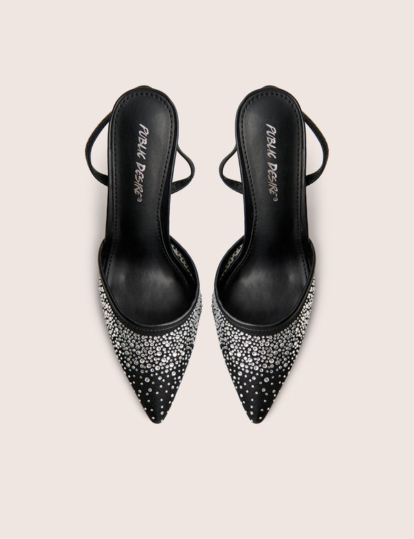Public Desire Rochie Black Mesh Embellished Sling Back Court Heels
