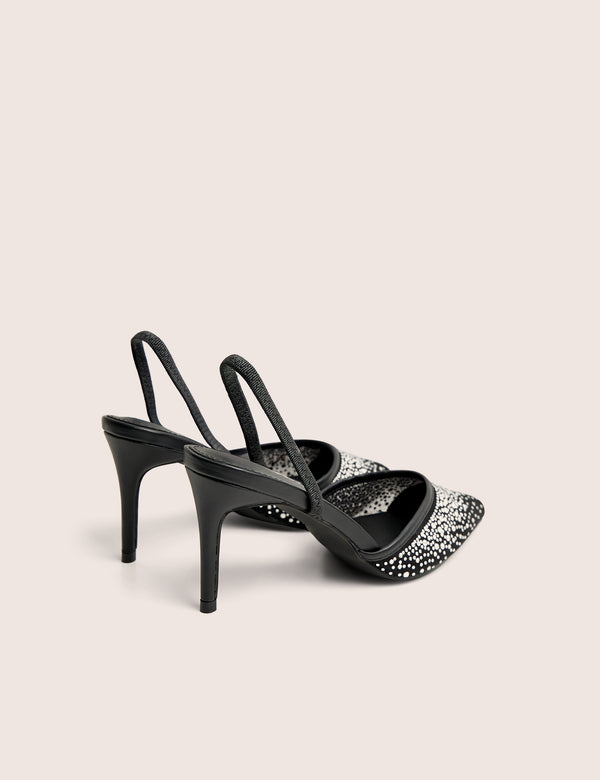 Public Desire Rochie Black Mesh Embellished Sling Back Court Heels