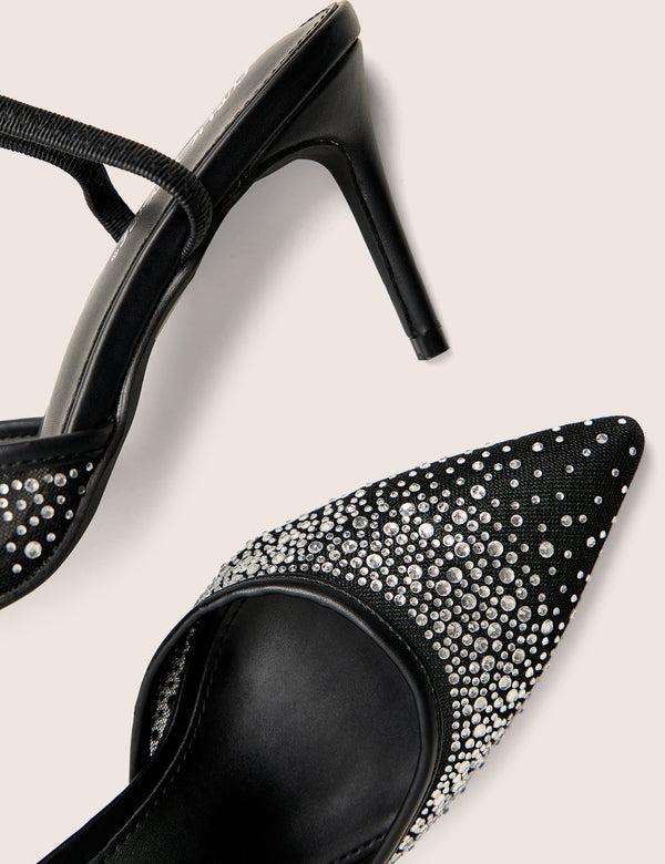 Public Desire Rochie Black Mesh Embellished Sling Back Court Heels