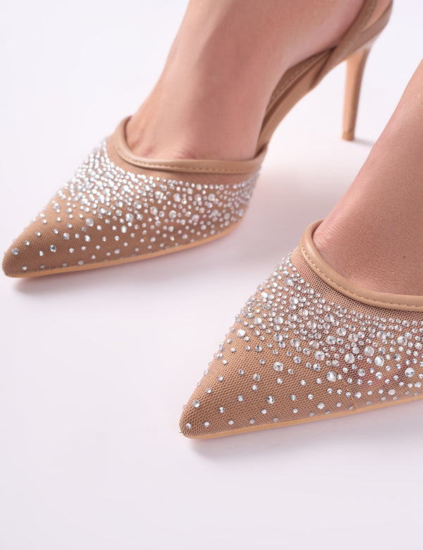 Public Desire Rochie Nude Mesh Embellished Sling Back Court Heels