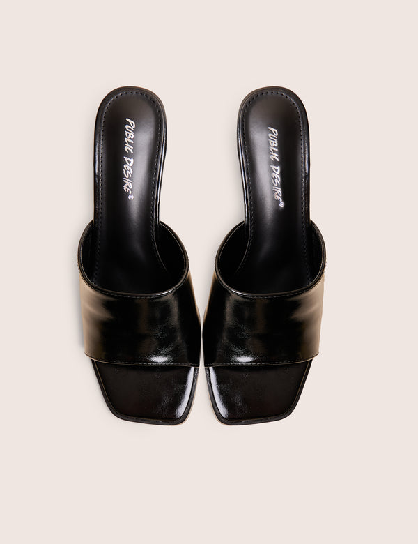 Public Desire Romi Black Patent Mule Square Toe Flared Block Mid Heels