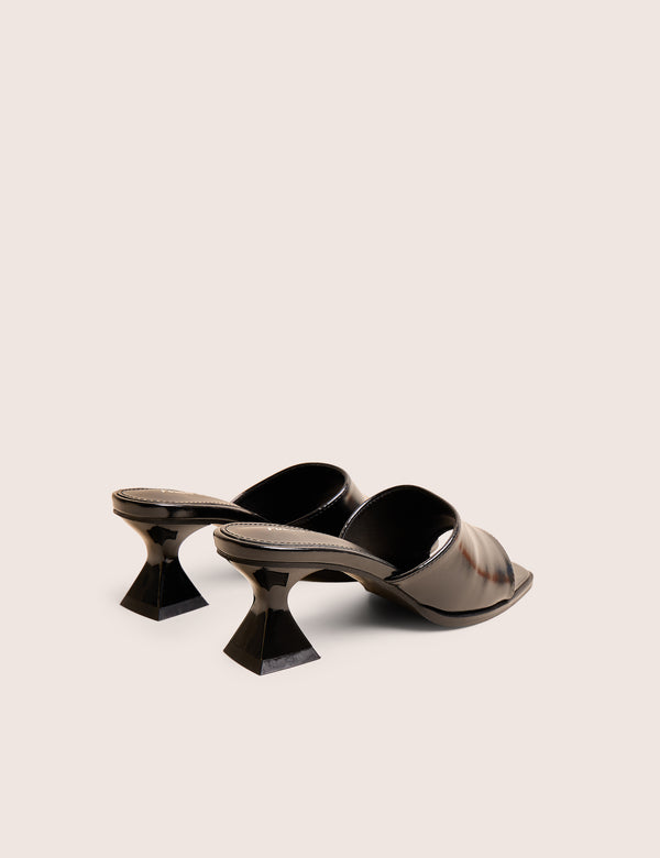 Public Desire Romi Black Patent Mule Square Toe Flared Block Mid Heels
