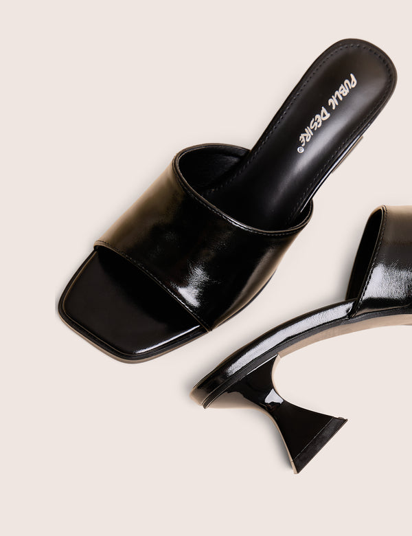 Public Desire Romi Black Patent Mule Square Toe Flared Block Mid Heels