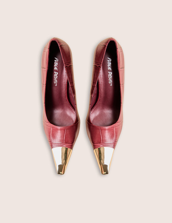 Public Desire Rotate Burgundy Croc Gold Toe Detail Court High Heels