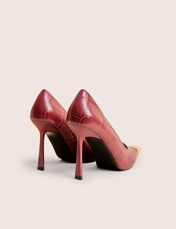 Public Desire Rotate Burgundy Croc Gold Toe Detail Court High Heels