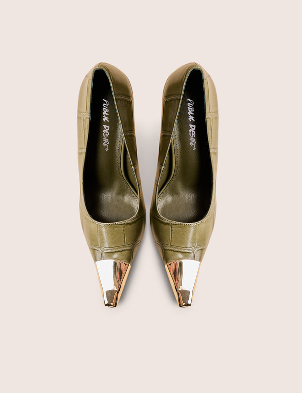 Public Desire Rotate Green Croc Gold Toe Detail Court High Heels