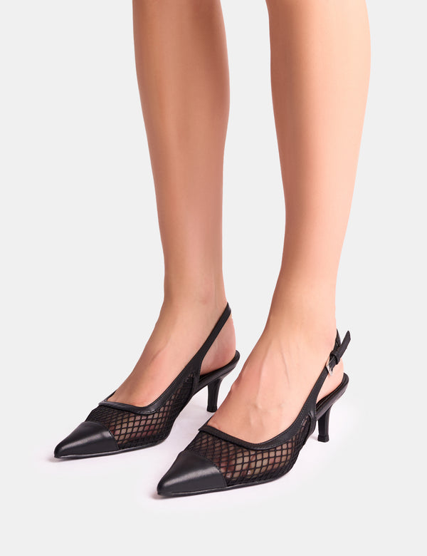 Public Desire Roue Black Mesh Detail Slingback Mid Court Heels