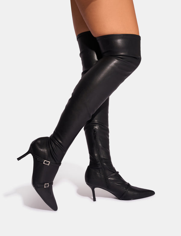 Public Desire Roulette Black Pointed Toe Diamante Buckle Mid Heel Over The Knee Sock Boots