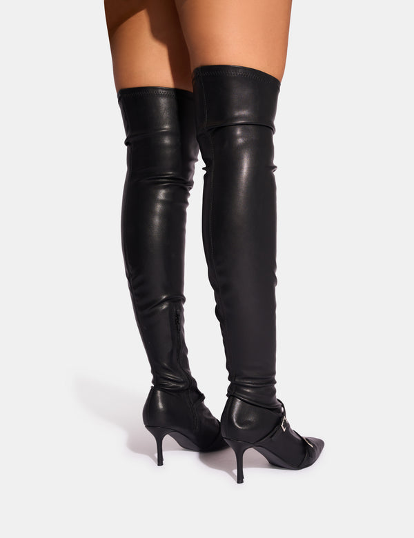 Public Desire Roulette Black Pointed Toe Diamante Buckle Mid Heel Over The Knee Sock Boots