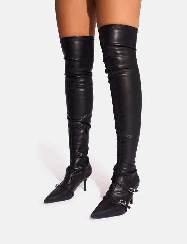 Public Desire Roulette Black Pointed Toe Diamante Buckle Mid Heel Over The Knee Sock Boots