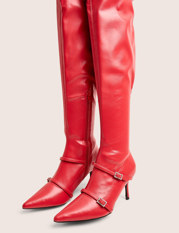 Public Desire Roulette Red Pointed Toe Diamante Buckle Mid Heel Over The Knee Sock Boots