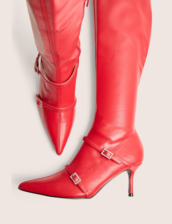 Public Desire Roulette Red Pointed Toe Diamante Buckle Mid Heel Over The Knee Sock Boots
