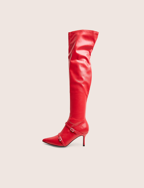 public desire Roulette Red Pointed Toe Diamante Buckle Mid Heel Over The Knee Sock Boots