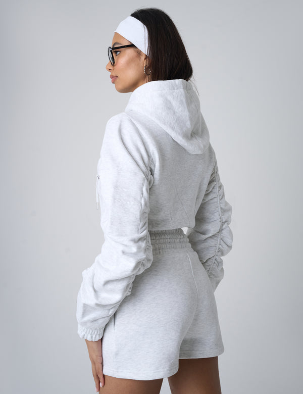 Public Desire Ruched Sleeve Zip Up Cropped Hoodie Grey Marl