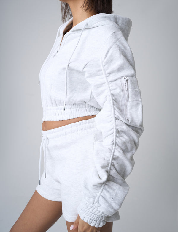 Public Desire Ruched Sleeve Zip Up Cropped Hoodie Grey Marl
