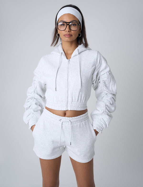 public desire Ruched Sleeve Zip Up Cropped Hoodie Grey Marl