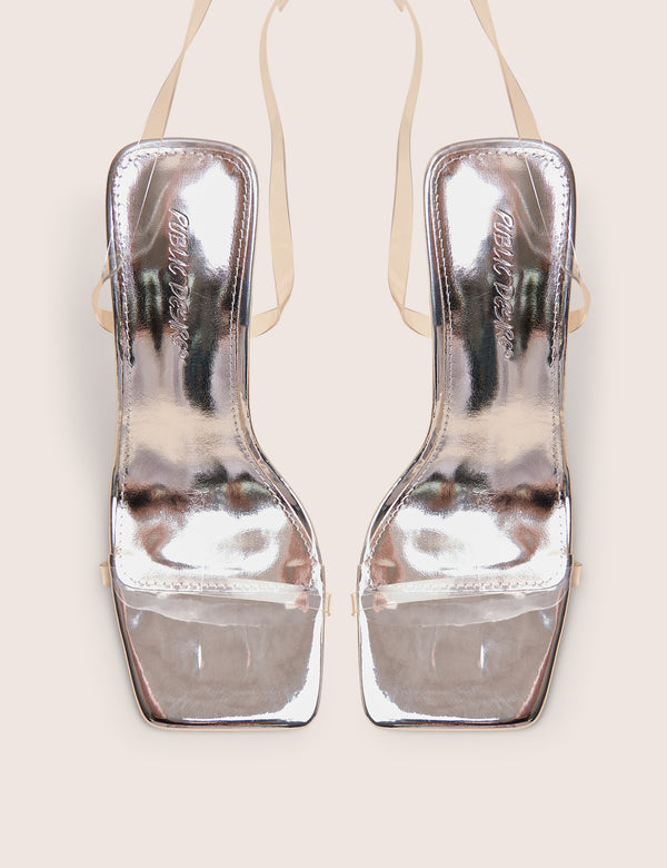 Public Desire Rya Silver Mirror Square Toe Strappy Barely There Stiletto High Heels