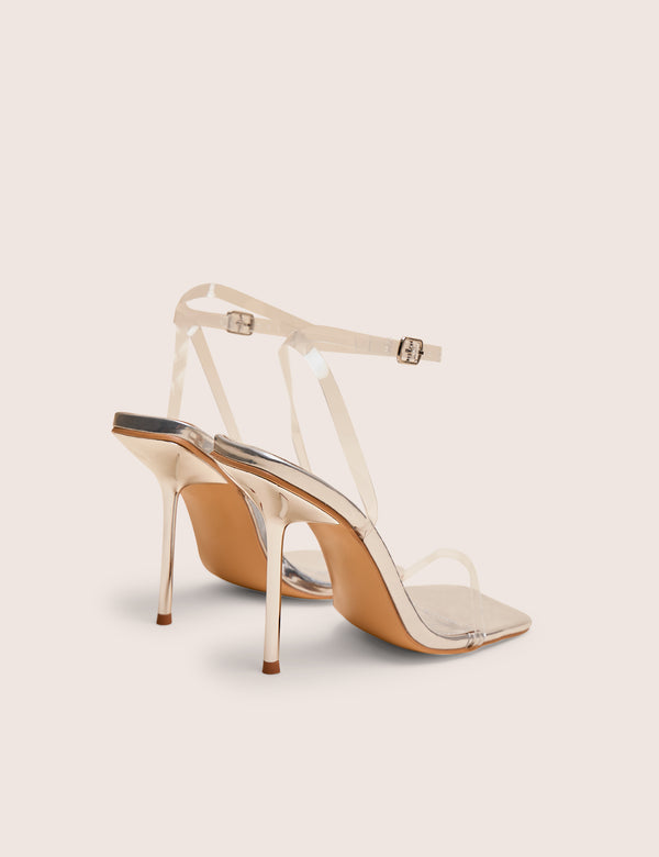 Public Desire Rya Silver Mirror Square Toe Strappy Barely There Stiletto High Heels