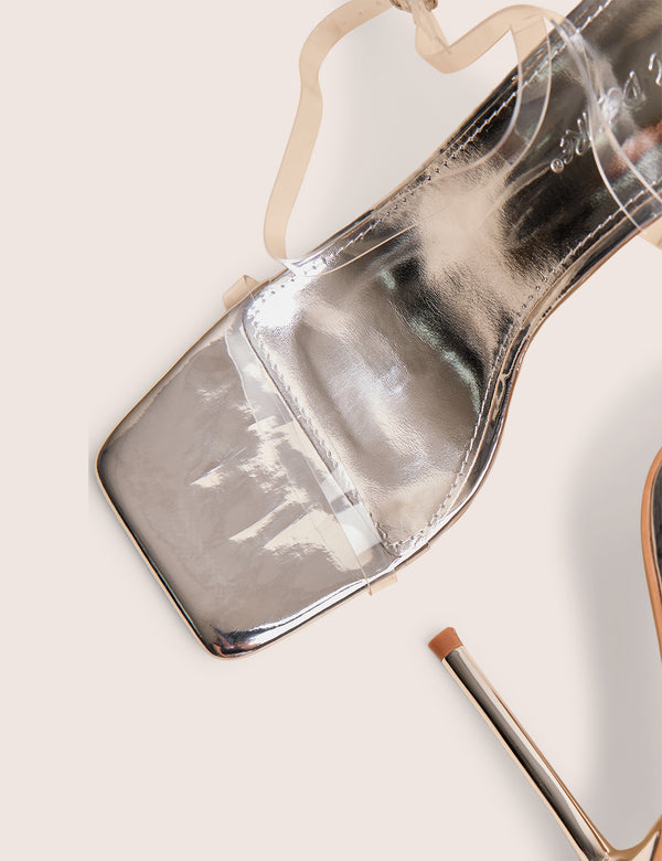 Public Desire Rya Silver Mirror Square Toe Strappy Barely There Stiletto High Heels