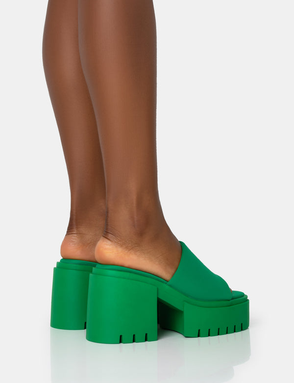Public Desire Sabeena Green Chunky Mule Round Toe Mid Heel Sandals