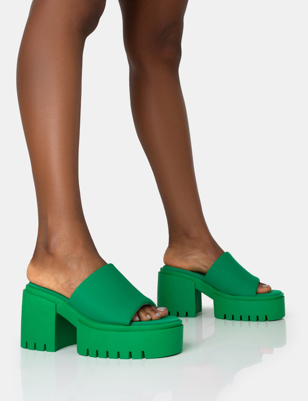 public desire Sabeena Green Chunky Mule Round Toe Mid Heel Sandals
