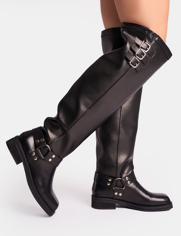 Public Desire Sagittarius Vintage Black Buckle Detail Over The Knee Boots